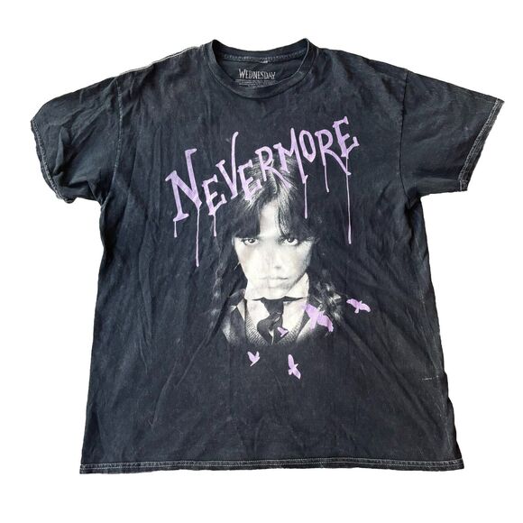 WEDNESDAY Addams Family Nevermore T-Shirt Sz S Adult Black Purple Graphic Unisex - Picture 1 of 8